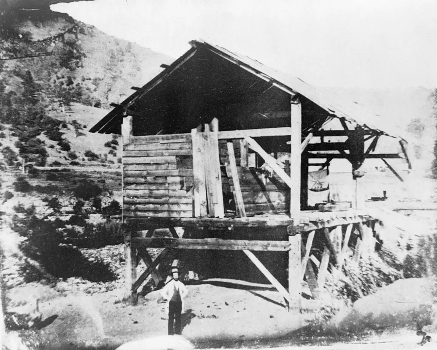 Sutter's sawmill at Coloma, California, from a daguerreotype of about 1850 by R. H. Vance; the man in front has long been said to be James Marshall, though that is doubtful.