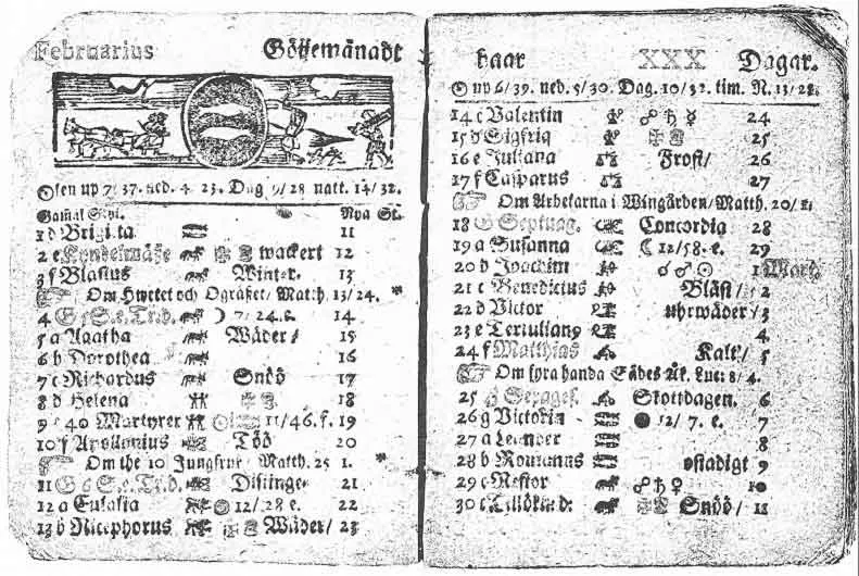 A Swedish almanac for February 1712, with the 30th day at the foot of the right-hand page.