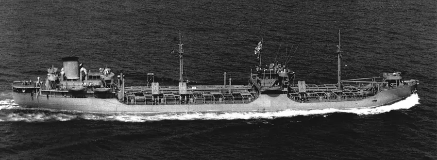 The T2 tanker Hat Creek at sea in 1943; the Ideal X was converted from a wartime tanker of this type.