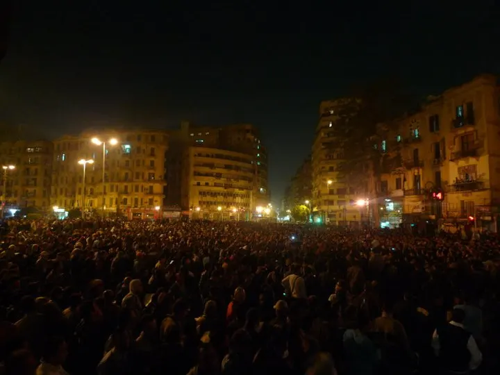 Crowds in Cairo's Tahrir Square on the night of 25 January 2011.