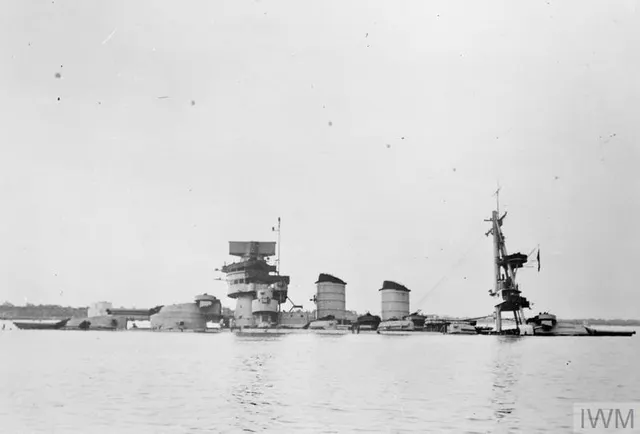 The Italian battleship Conte di Cavour, sunk in Taranto harbour in the attack.