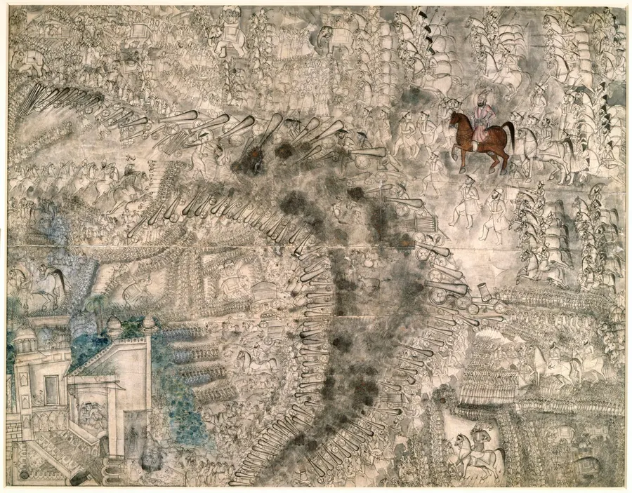 The Third Battle of Panipat in a Faizabad-style drawing of about 1770, with the lines of guns firing at each other across the field.