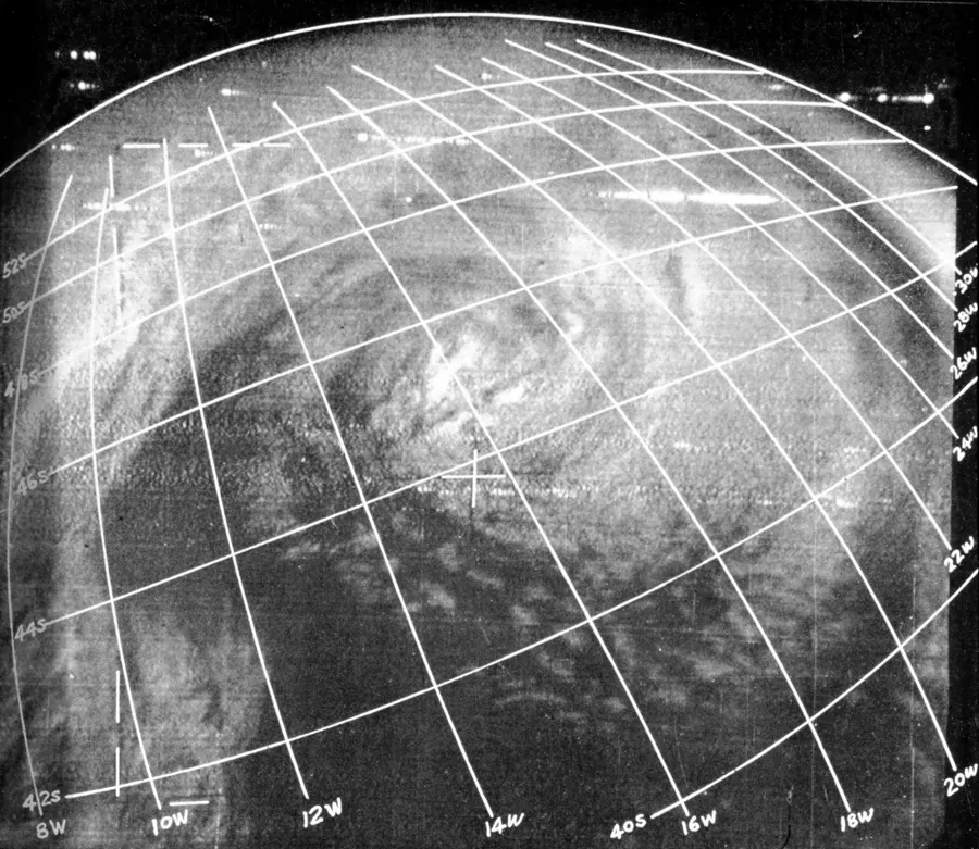A cyclone over the South Atlantic photographed by TIROS I on 28 April 1960.