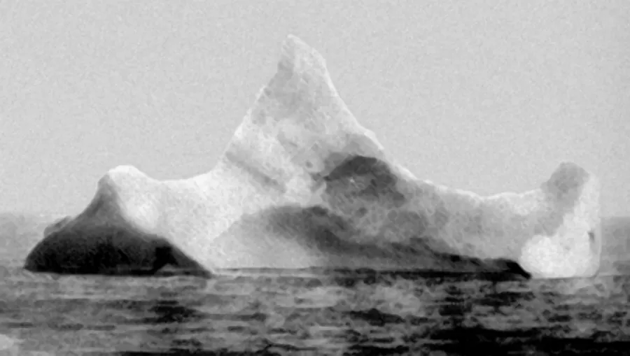 An iceberg photographed near the scene on the morning of 15 April 1912 by the chief steward of the liner Prinz Adalbert, thought to be the one the Titanic struck.