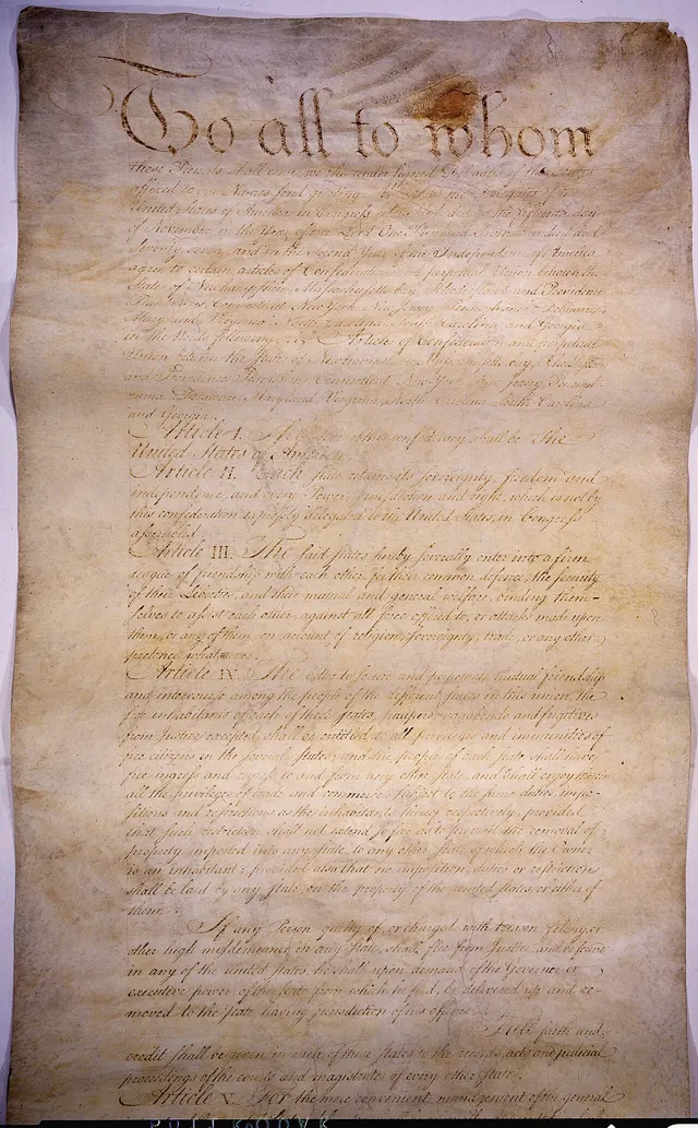 The first page of the Articles of Confederation.