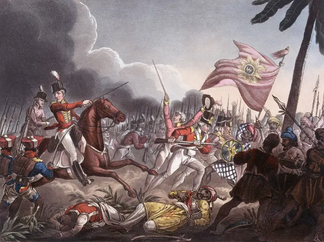Arthur Wellesley at Assaye, in an 1815 aquatint by Joseph Constantine Stadler after William Heath.
