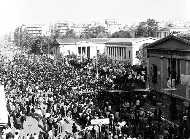 Crowds outside the Athens Polytechnic during the uprising, November 1973.