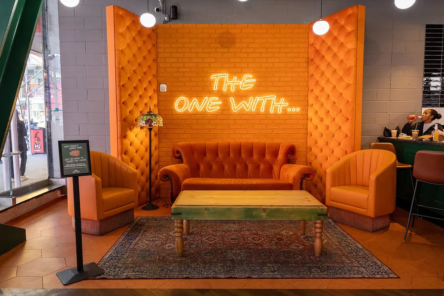 A replica of the Central Perk sofa from Friends, at a coffee shop in New York.