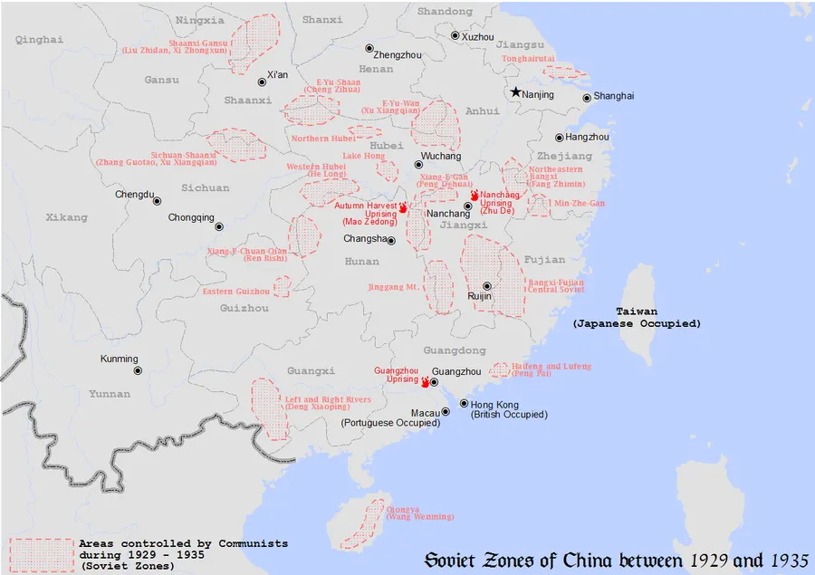 Map of the communist-held 'soviet' areas of China between 1929 and 1935.