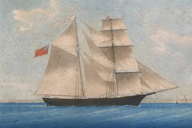 The ship in 1861, when she was still called the Amazon; the painting is possibly by Honoré Pellegrin.