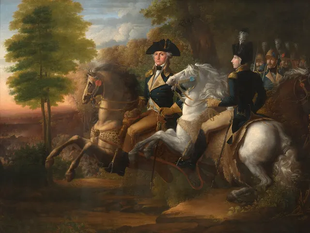 Washington and Lafayette at the Battle of Brandywine, two weeks earlier, painted by John Vanderlyn.