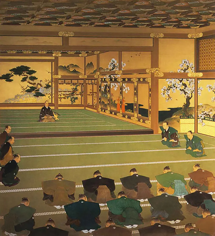 The return of power to the emperor at Nijō Castle, painted by Murata Tanryō.
