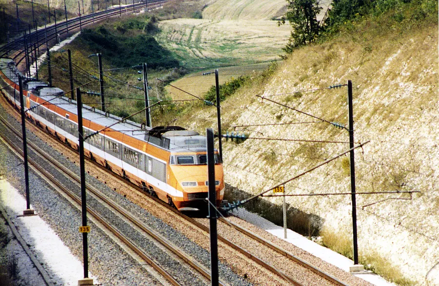 Two of the original orange Paris Sud-Est TGV trains, photographed in 1987.