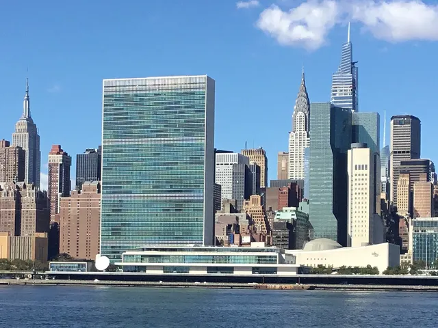 The United Nations headquarters on the East River, New York.