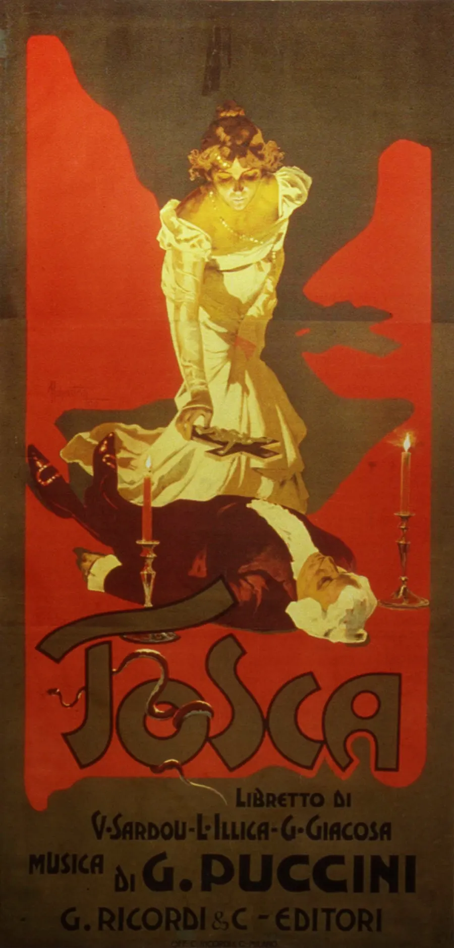 Adolfo Hohenstein's cover for the first edition of the piano score of Tosca, published by Ricordi in 1899.