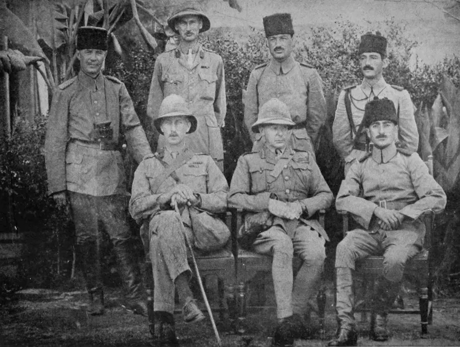 General Townshend, seated centre, with the Ottoman commander Khalil Pasha and officers after the fall of Kut.