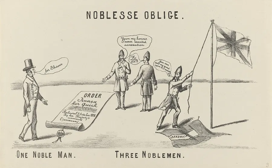 A satirical print of 1877 showing Theophilus Shepstone raising the British flag over the Transvaal (Rijksmuseum).
