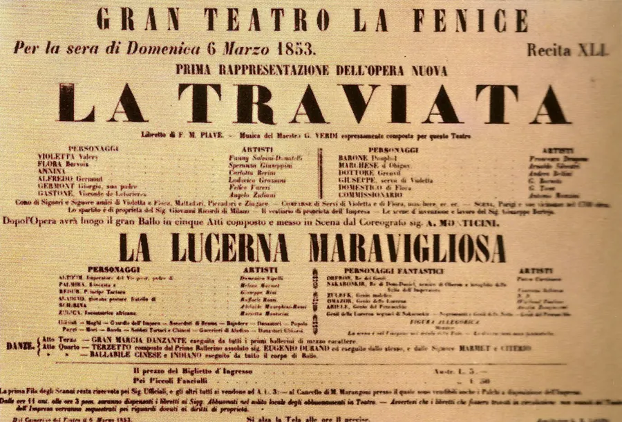 The poster for the first performance of La traviata at La Fenice, Venice, 6 March 1853.