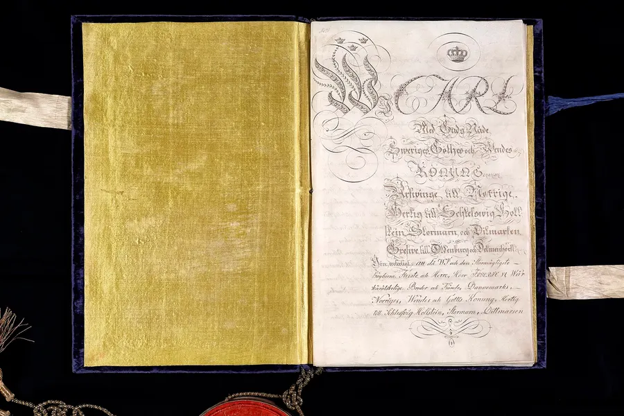 The Treaty of Kiel in its bound original, held by the Danish National Archives (Rigsarkivet).