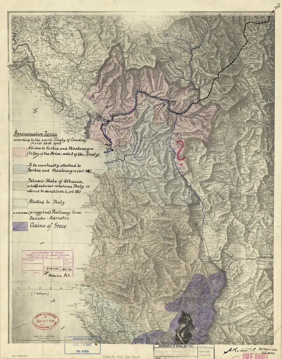 A map of the approximate zones in Albania under the secret Treaty of London of 26 April 1915 (Library of Congress).