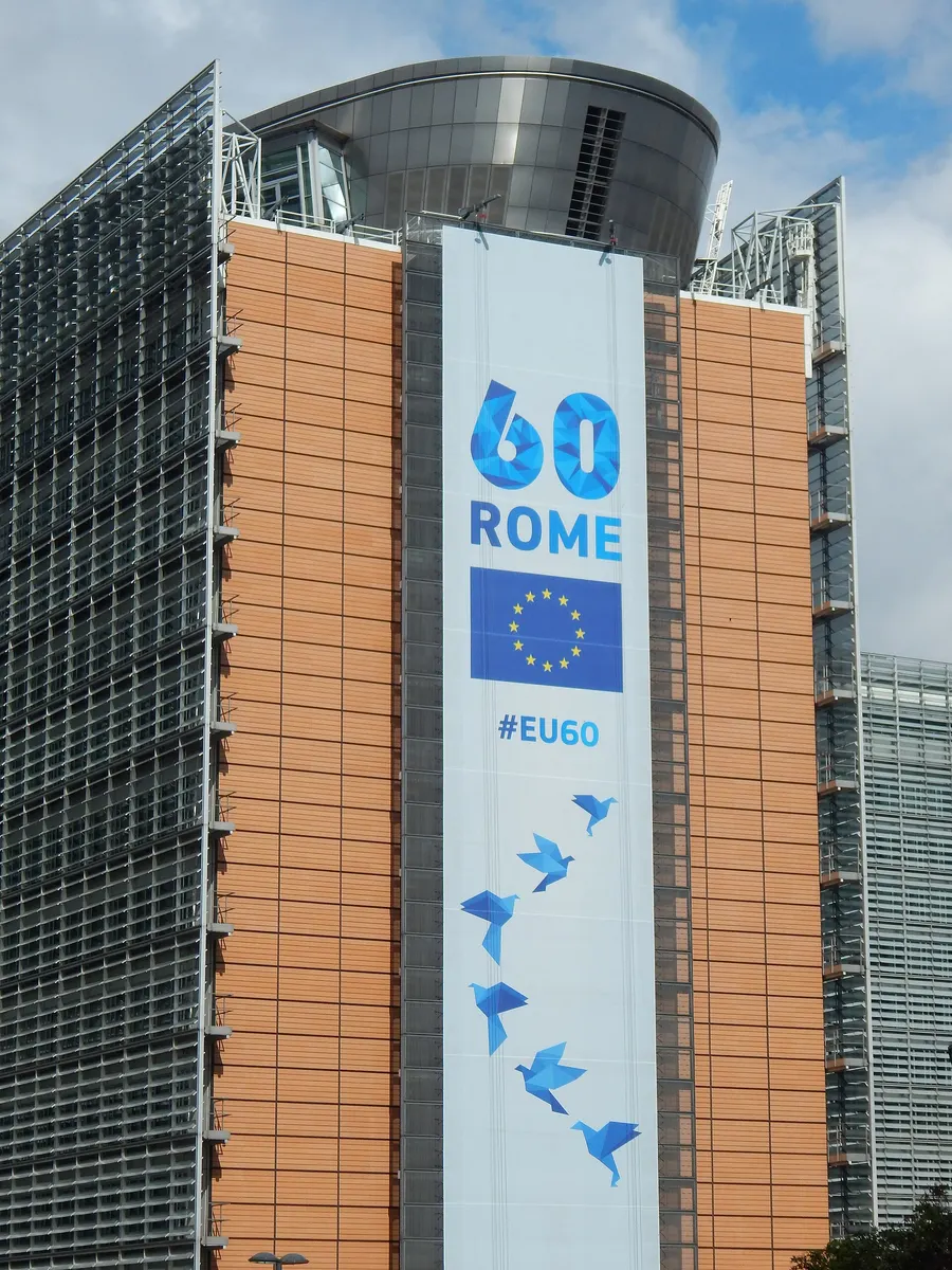 A banner marking the treaty's 60th anniversary on the Berlaymont, the European Commission's headquarters in Brussels, 2017.