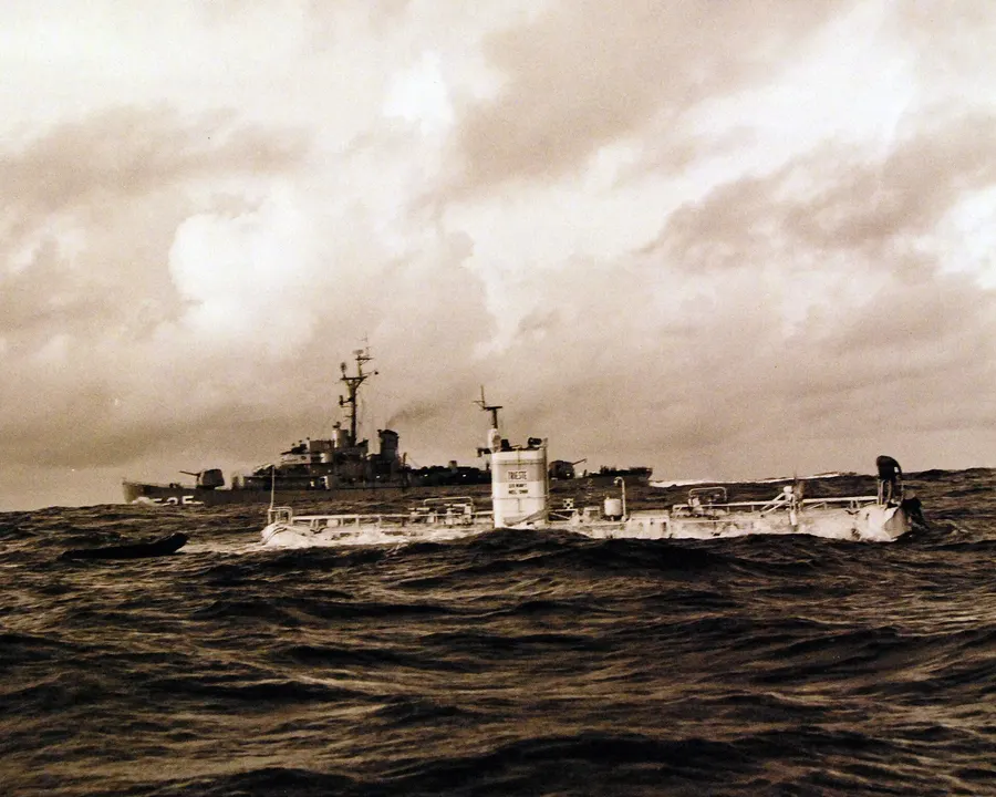 The bathyscaphe Trieste in heavy seas off Guam just before her record dive, 23 January 1960.