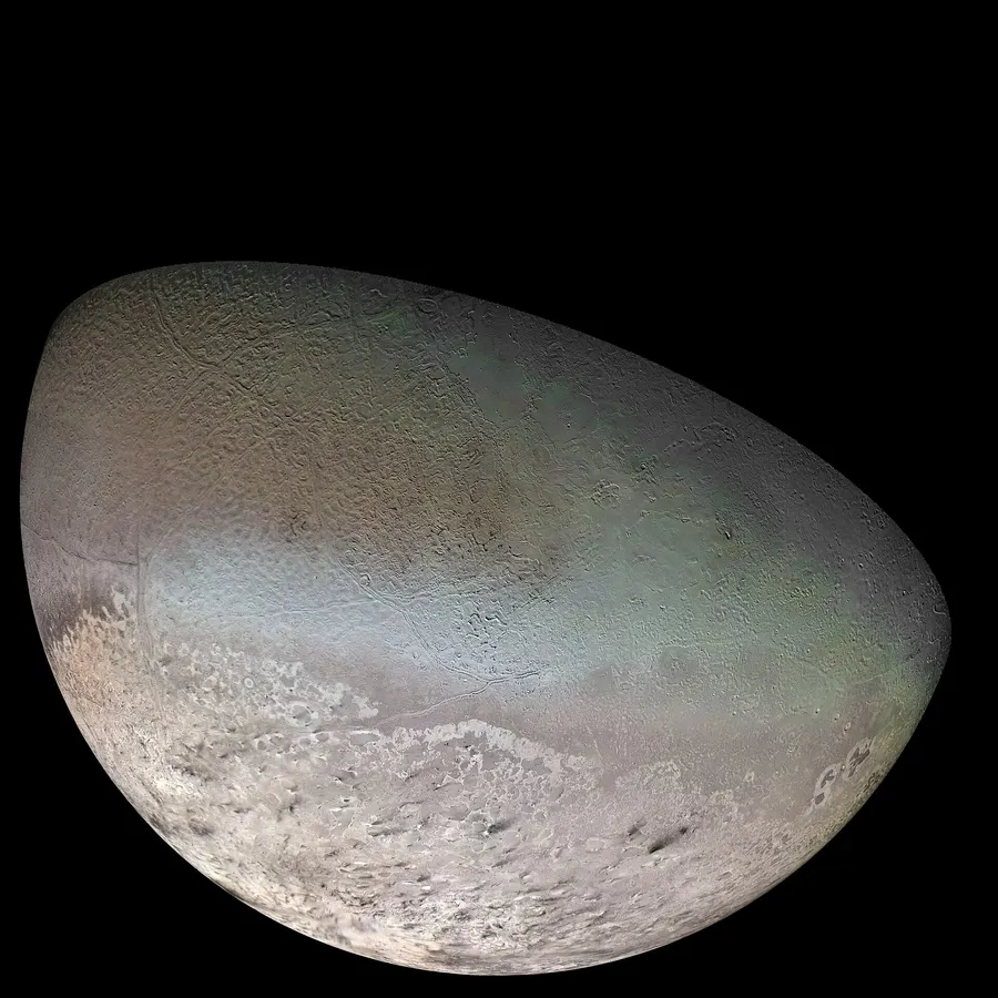 Triton, photographed by Voyager 2 in 1989 and assembled into a mosaic by the US Geological Survey.