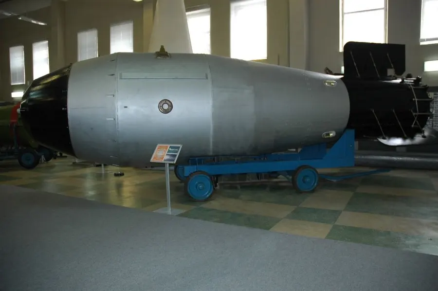 The casing of an RDS-202, a bomb of the same type as the Tsar Bomba, at the atomic weapons museum in Sarov.