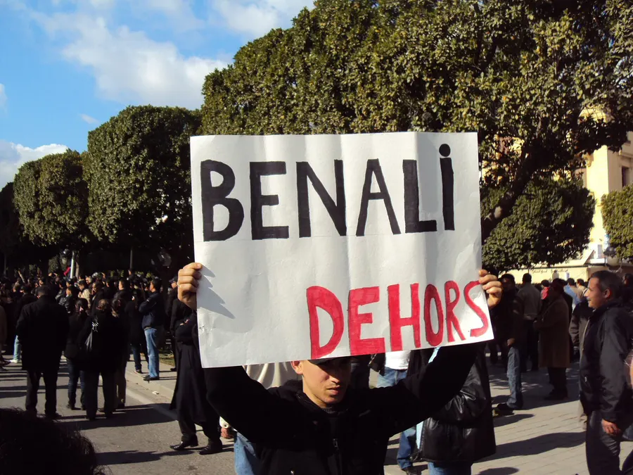 A protester holds a sign reading 'Ben Ali dehors' (Ben Ali out) outside the Interior Ministry on Avenue Habib Bourguiba, Tunis, on 14 January 2011.
