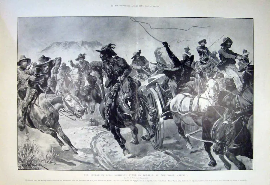 An illustration of 1902 showing de la Rey's commandos attacking Lord Methuen's column at Tweebosch.