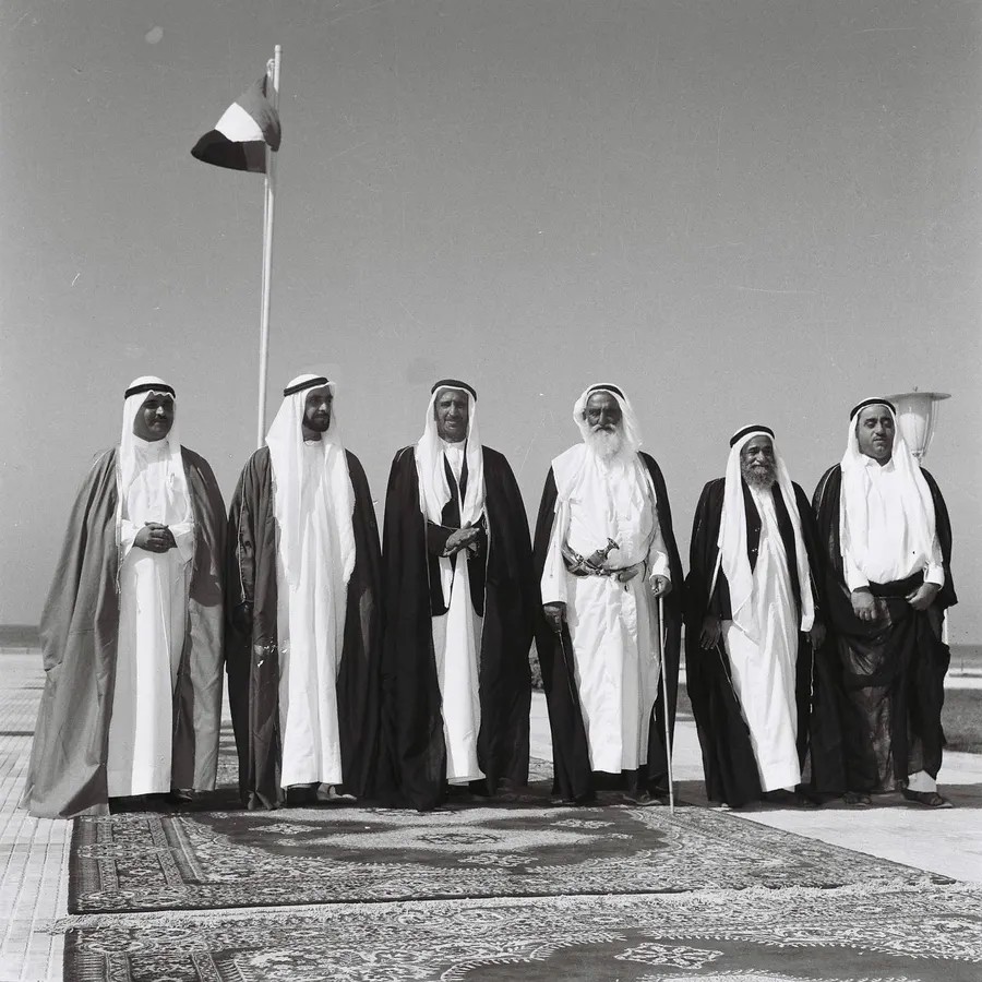 Sheikh Zayed and the rulers of Sharjah, Dubai, Ajman and Fujairah at Union House in Dubai after the flag was raised on 2 December 1971.