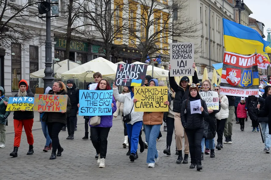 People who have fled Ukraine waiting at a help point in Kraków, Poland, March 2022.