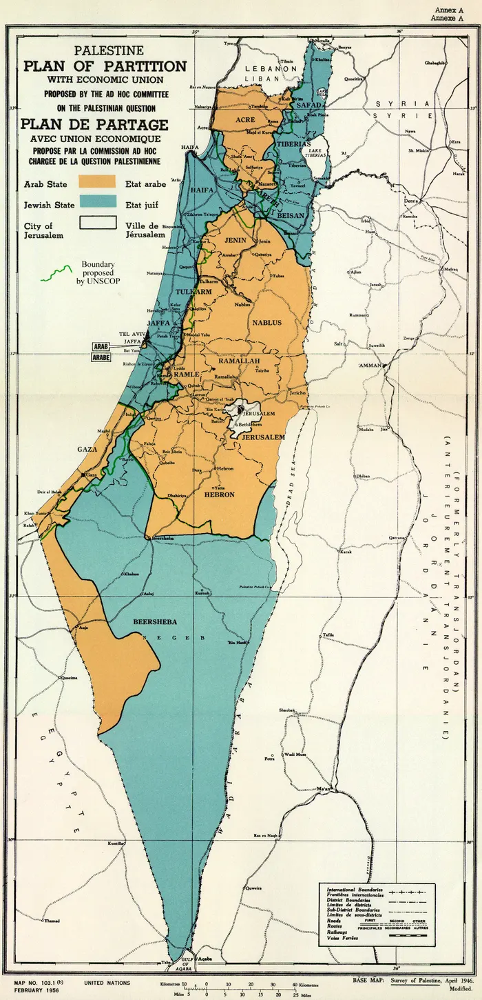 A UN map of the partition plan adopted in 1947, published in 1956.