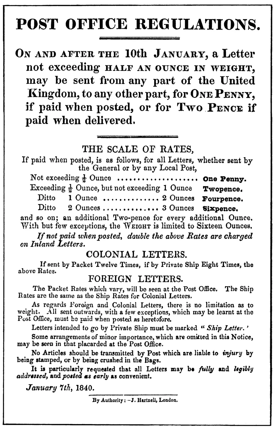 A Post Office handbill of 7 January 1840 setting out the rates of the Uniform Penny Post, which began on 10 January.