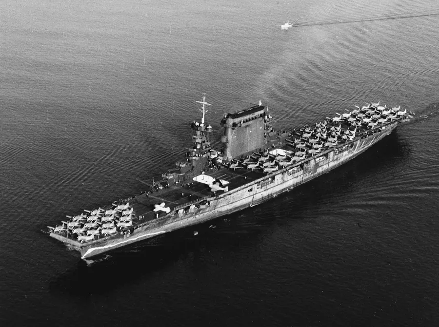 USS Lexington, the American carrier lost in the battle, leaving San Diego in October 1941.