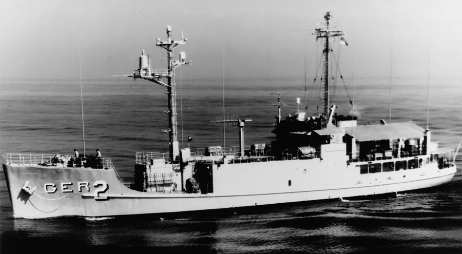 The US Navy intelligence ship Pueblo off San Diego in October 1967, three months before her capture.