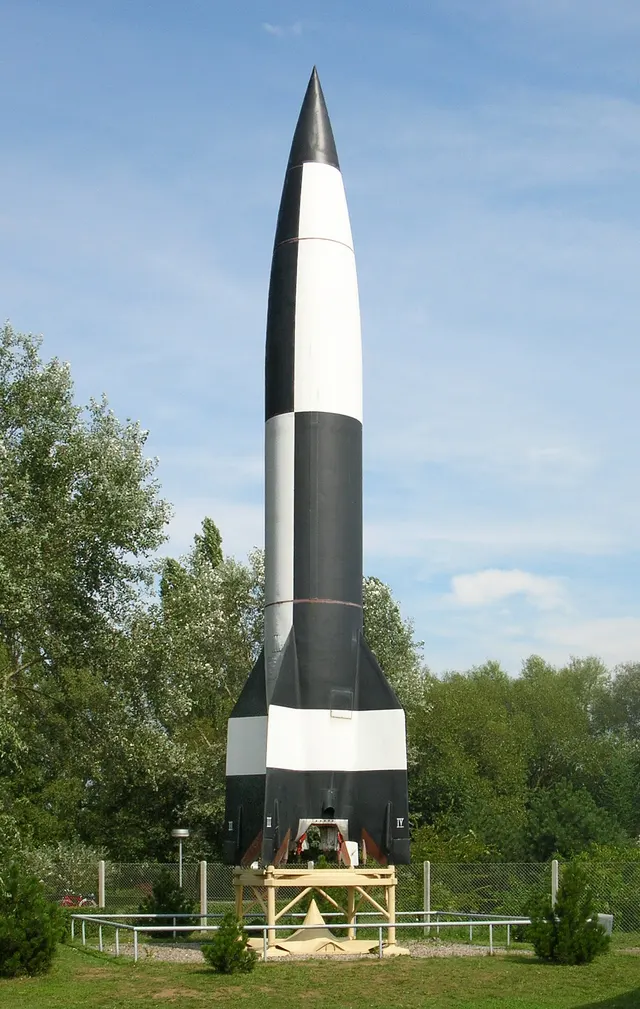 A V-2 rocket on display at the Peenemünde museum, Germany.