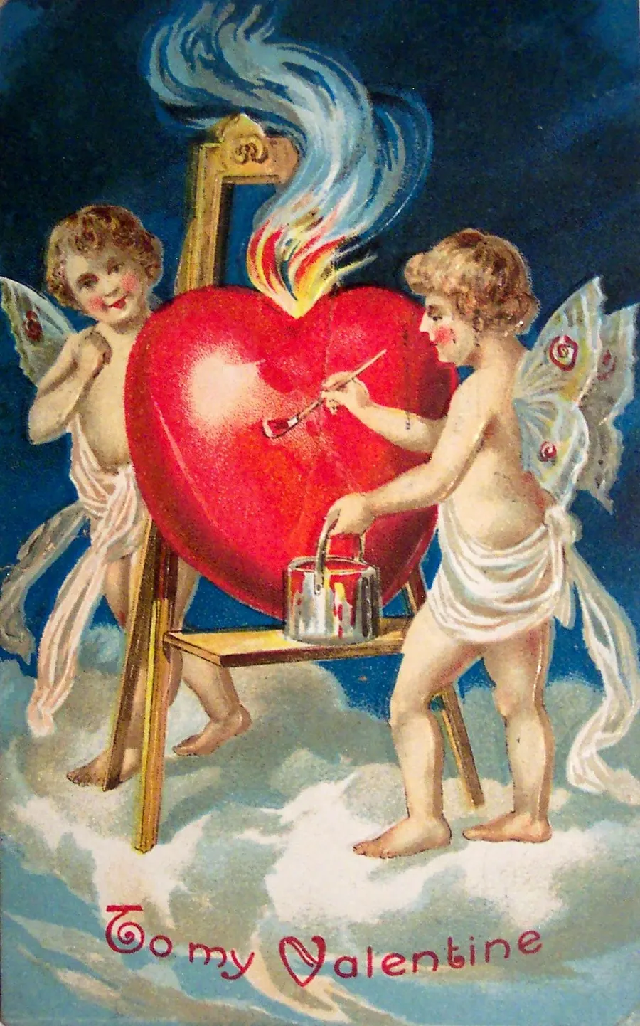 A Valentine greeting card of 1909, with cupids painting a heart.