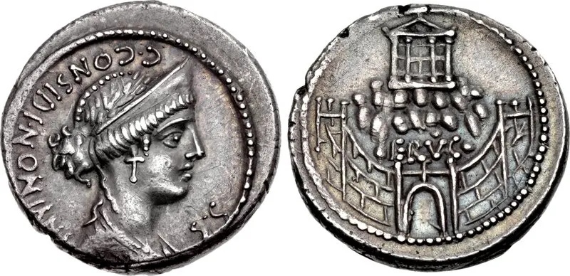 A Roman silver coin of 57 BC showing Venus Erycina and, on the reverse, her temple on Mount Eryx in Sicily.