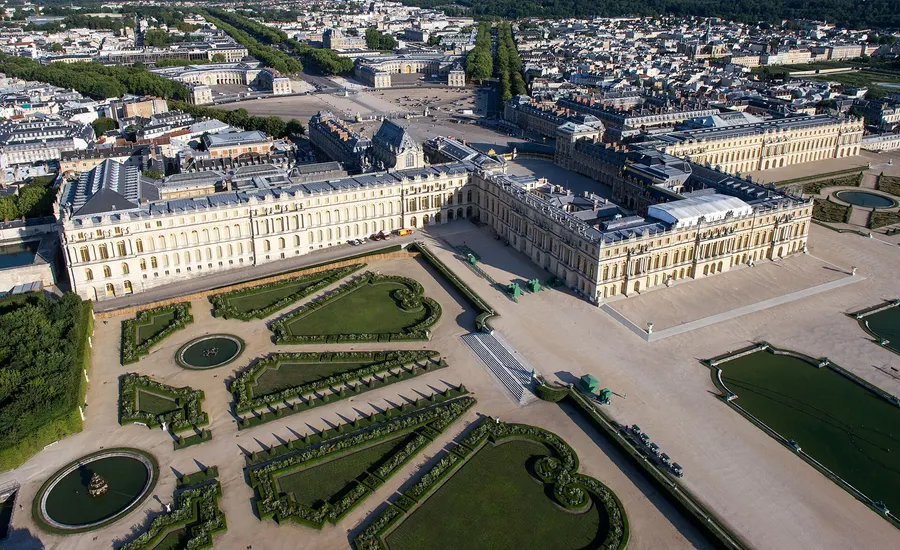 The palace of Versailles and its gardens from the air.