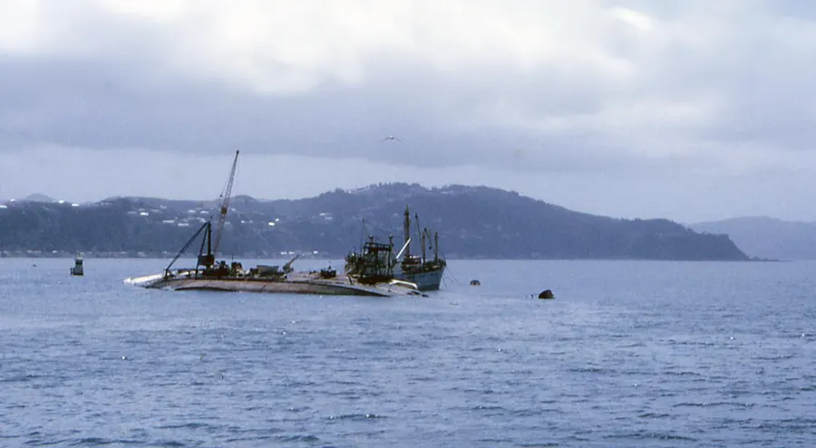 The wreck of the Wahine in Wellington Harbour during salvage work.