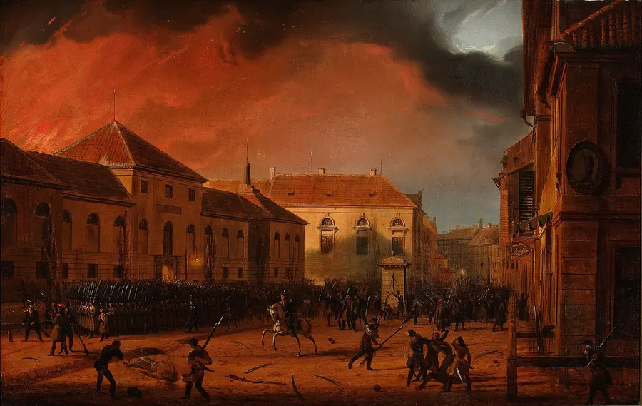 The capture of the Warsaw arsenal on the night of 29 November 1830, painted by Marcin Zaleski in 1831.