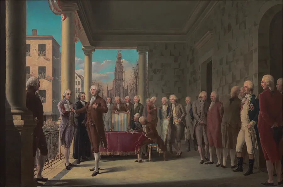 Ramon de Elorriaga's painting of Washington taking the oath on the balcony of Federal Hall, New York.