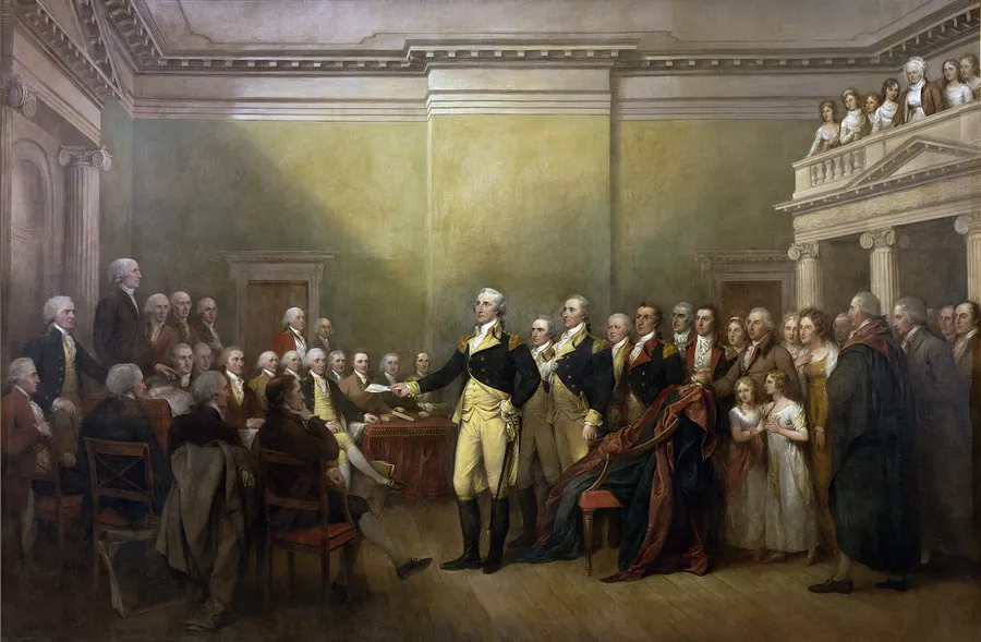 John Trumbull's painting of Washington resigning his commission to Congress at Annapolis, in the US Capitol rotunda.