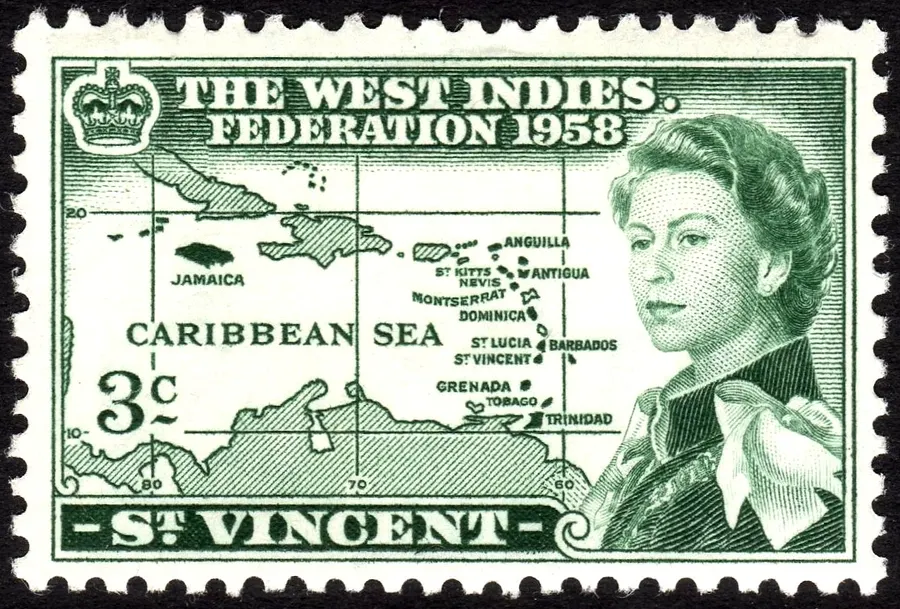A 1958 St Vincent stamp marking the West Indies Federation, with a map of its islands.