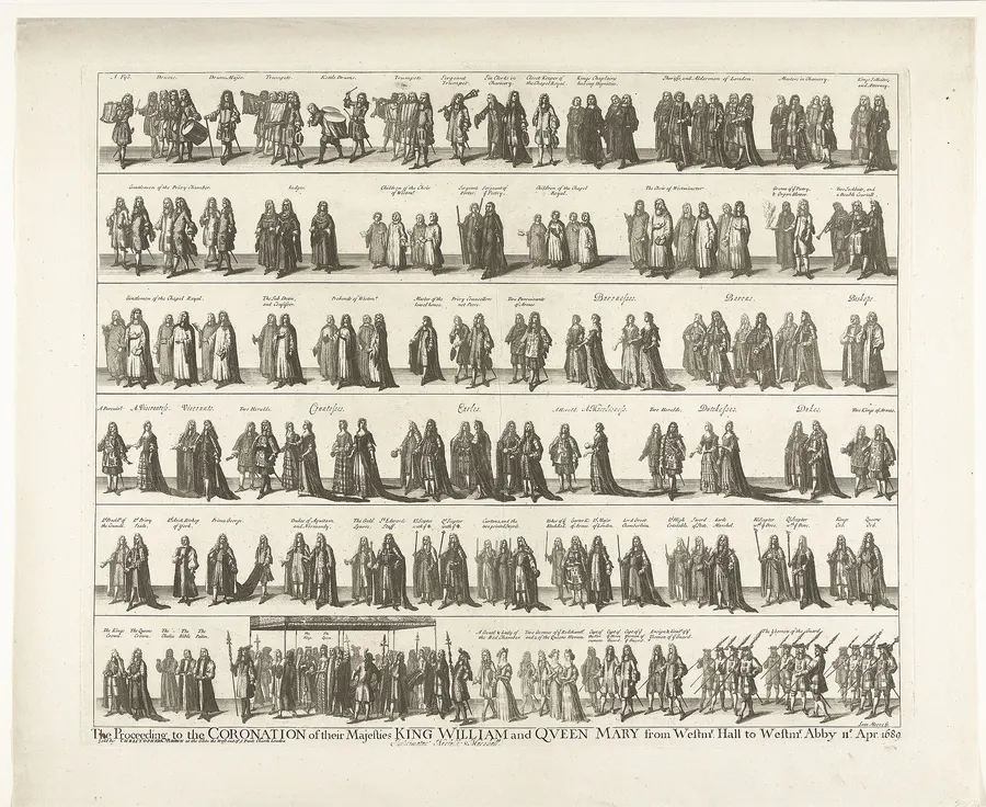The procession to the coronation of William and Mary at Westminster Abbey, 11 April 1689, in a print held by the Rijksmuseum.