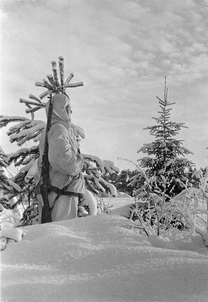 A Finnish soldier on guard in the snow near Kemijärvi, February 1940.