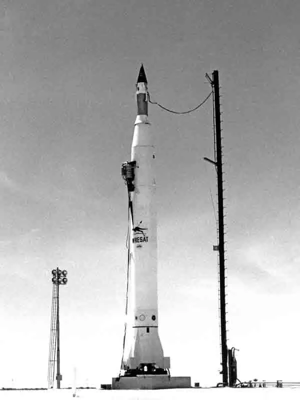 The Redstone rocket carrying WRESAT being prepared at Woomera for its launch on 29 November 1967.