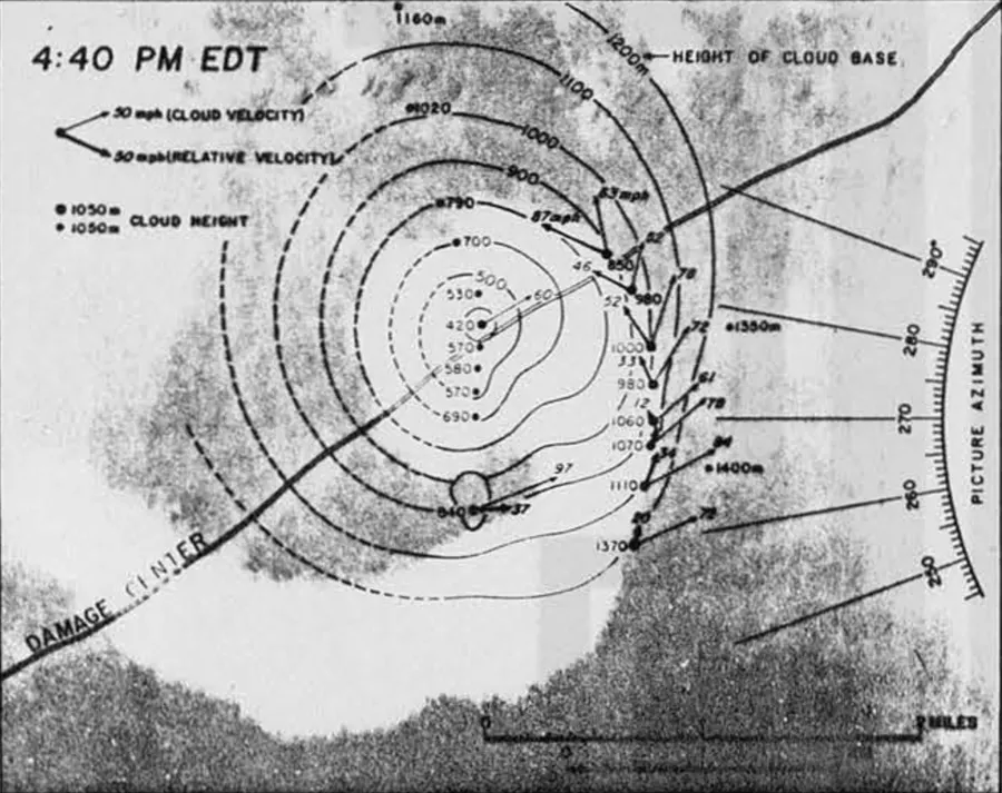 The storm that struck Xenia, Ohio, traced from radar at Wright-Patterson Air Force Base, 3 April 1974.