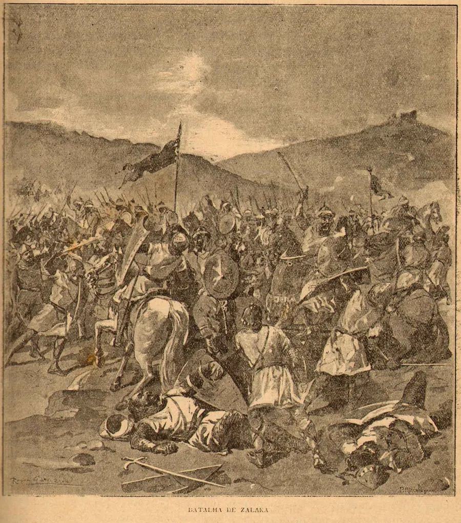The battle of Zallaqa as imagined by the Portuguese illustrator Roque Gameiro.